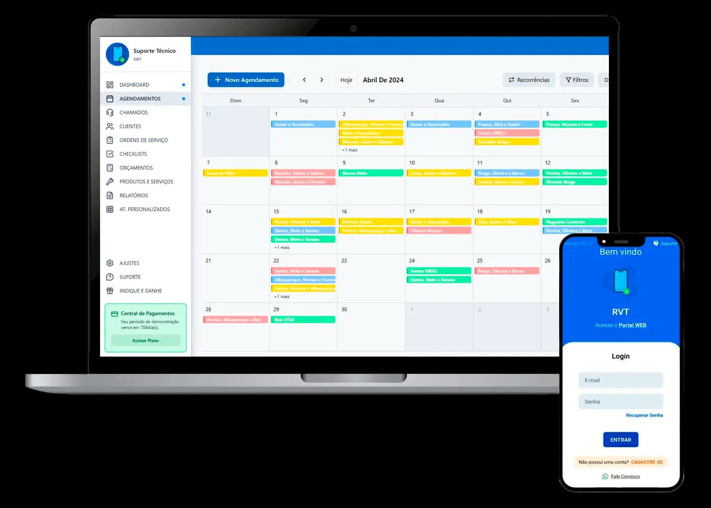 Interface do sistema de ordem de serviço RVT mostrando painel web e aplicativo mobile para técnicos